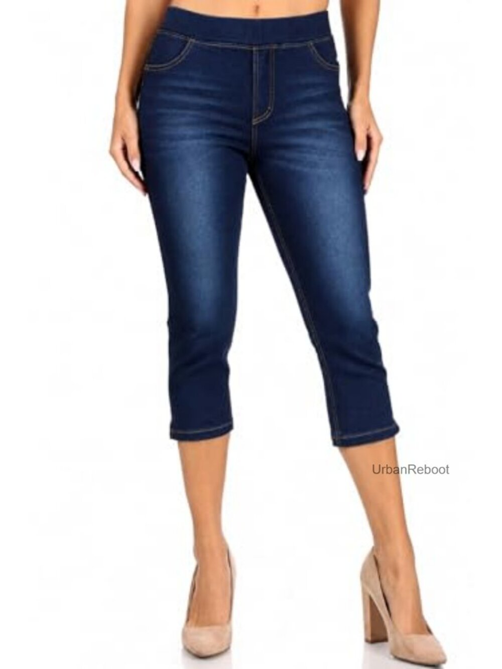 Stretchy Denim Jeans Pull-On Elastic Waist Slim Straight Cropped Capri
